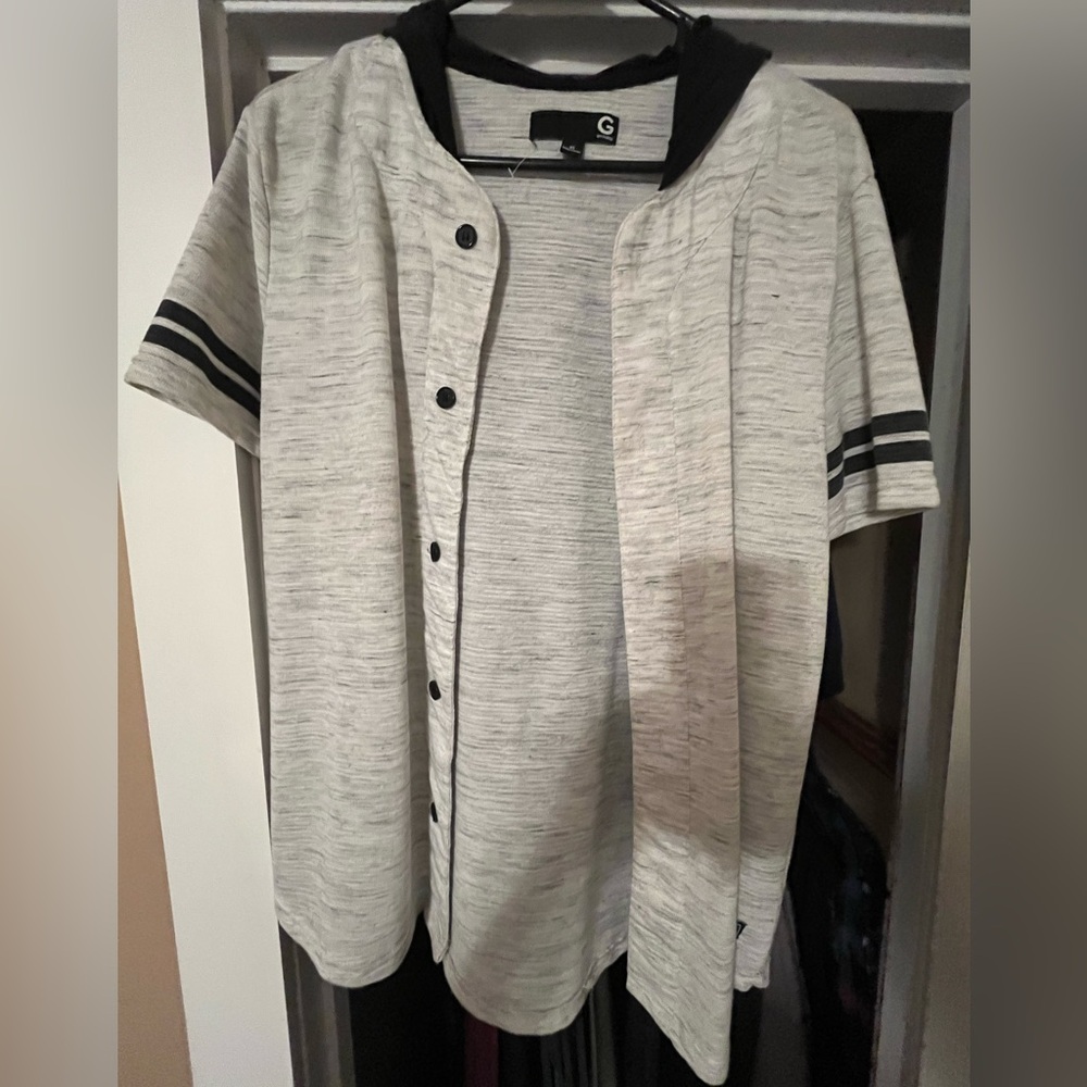Gray Button-Up Hooded Shirt with Black Accent